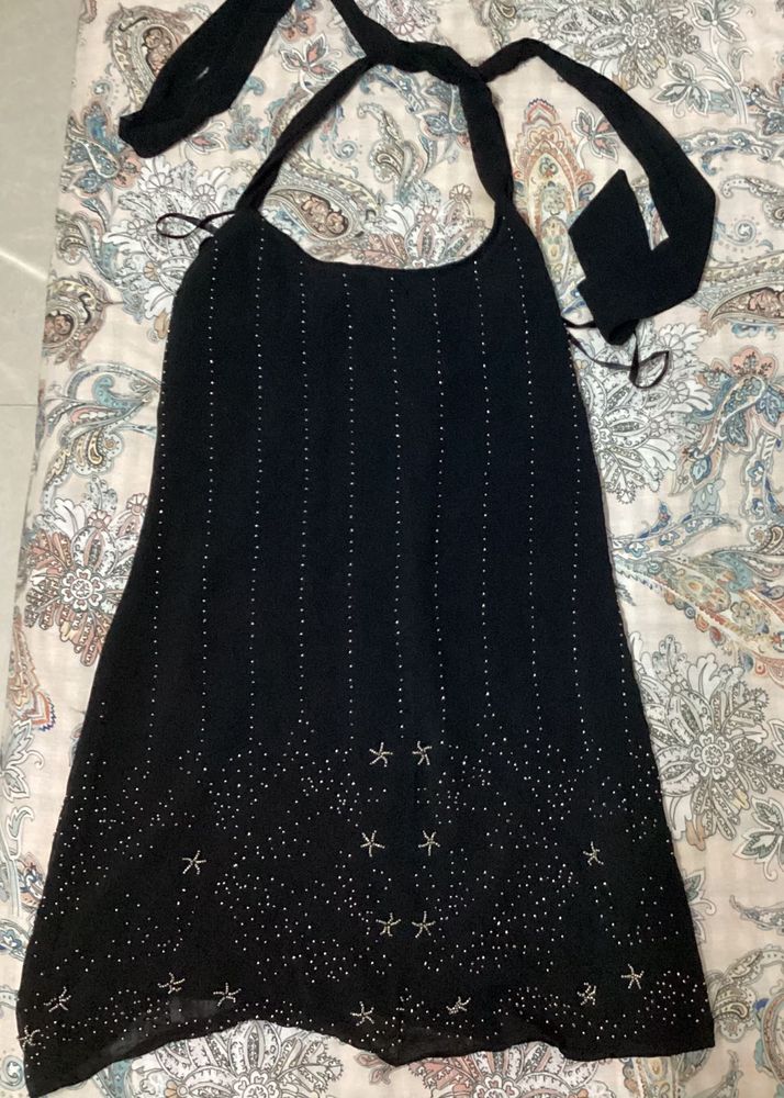 Sparkly Black Halter Neck Mini Dress