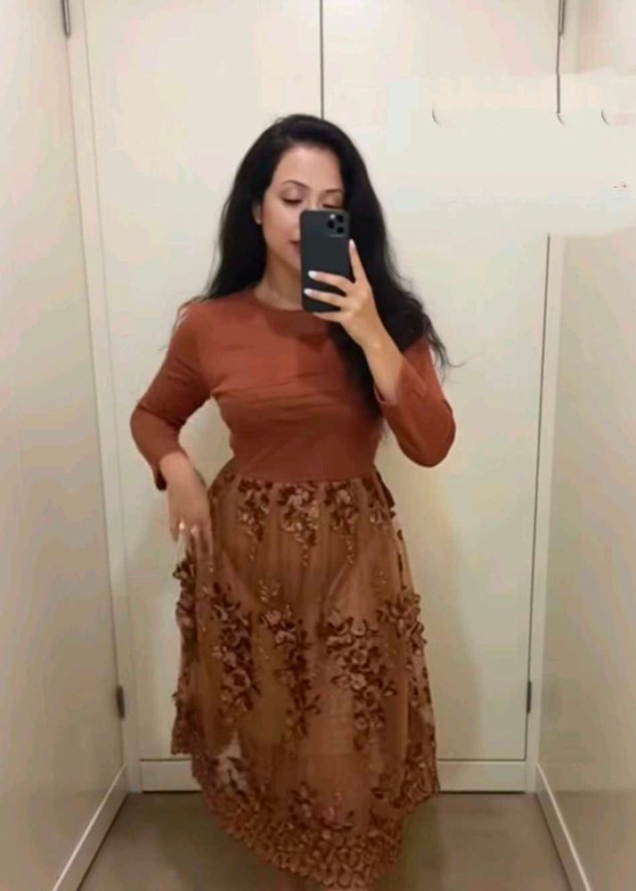 Elegant Brown Floral Midi Dress