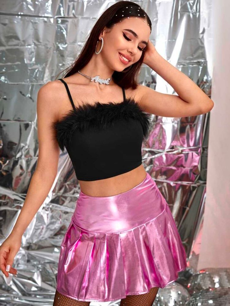 Black Fur Crop Spaghetti Top