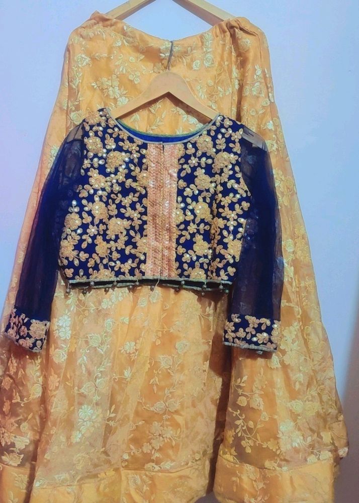 Navy Blue Top &amp; Golden Skirt Set Without Dupatta