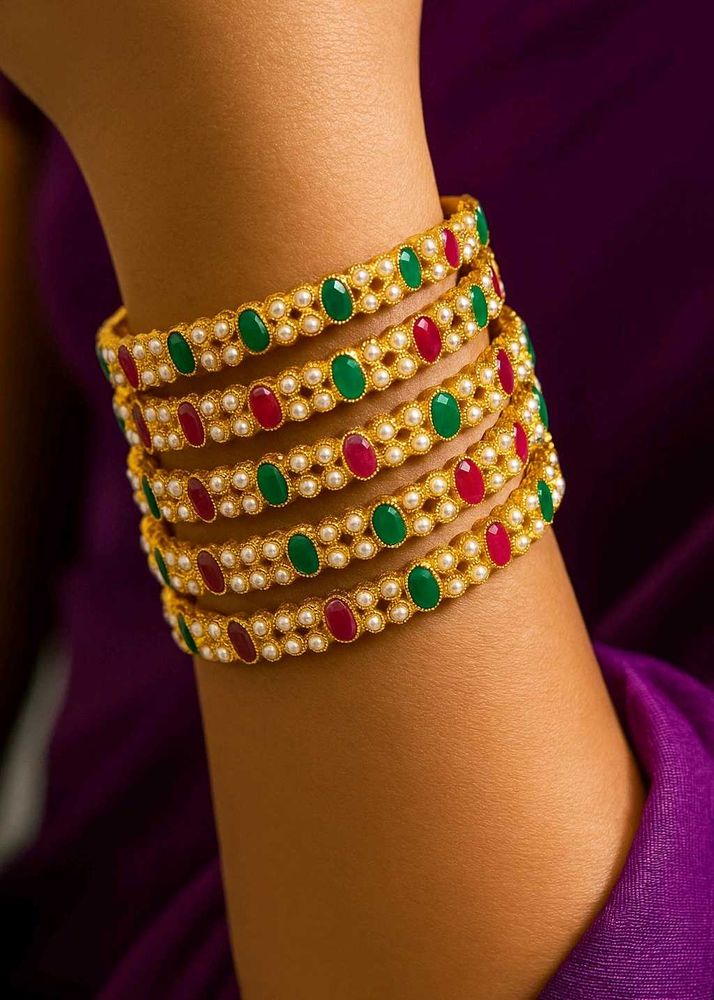Elegant Gold-Tone Bangles with Pearls &amp; Gemstones