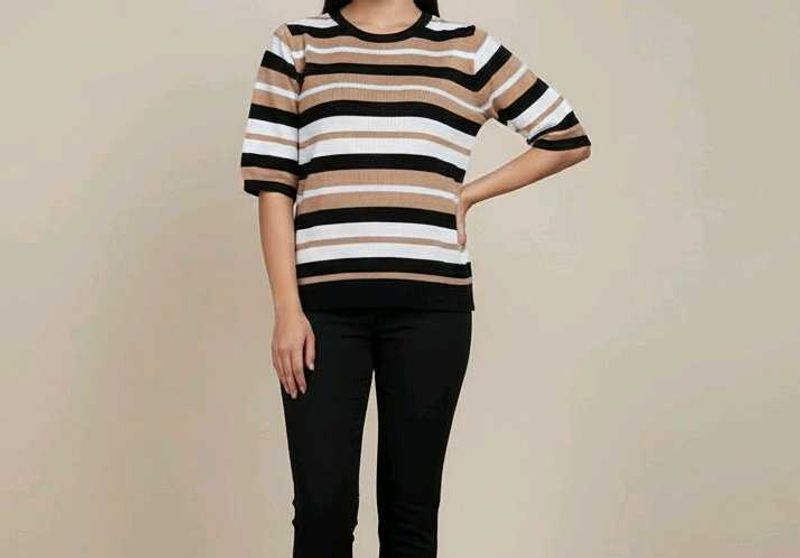 Knitted Striped Short Sleeve Top