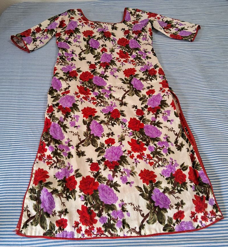 Floral Red - Off White Churidar Top