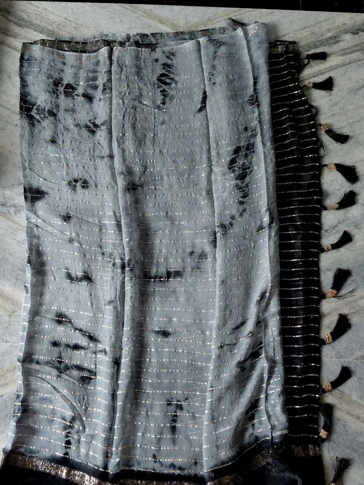 Gray &amp; Black Tie-Dye Style Saree