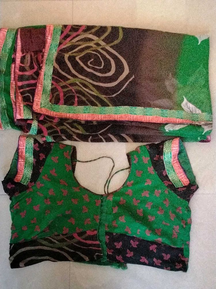 Floral Print Green Saree