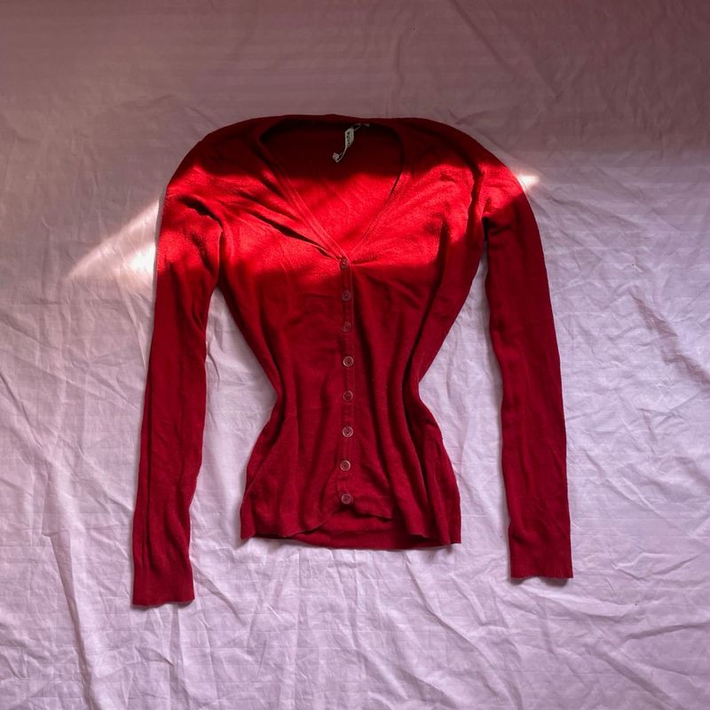 Red Button-Down Cardigan.