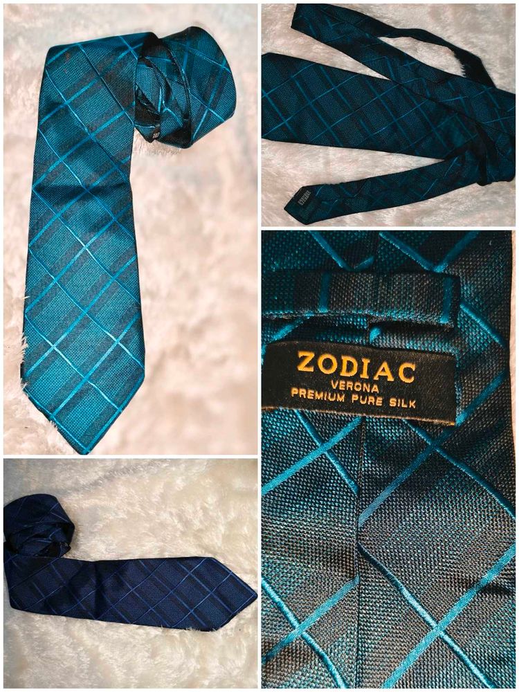 Zodiac Branded Blue Plaid Tie Pure Silk