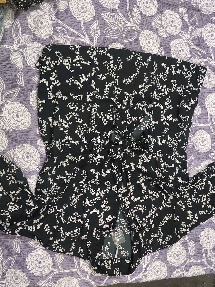 Black Printed Shirt Style Top For Women