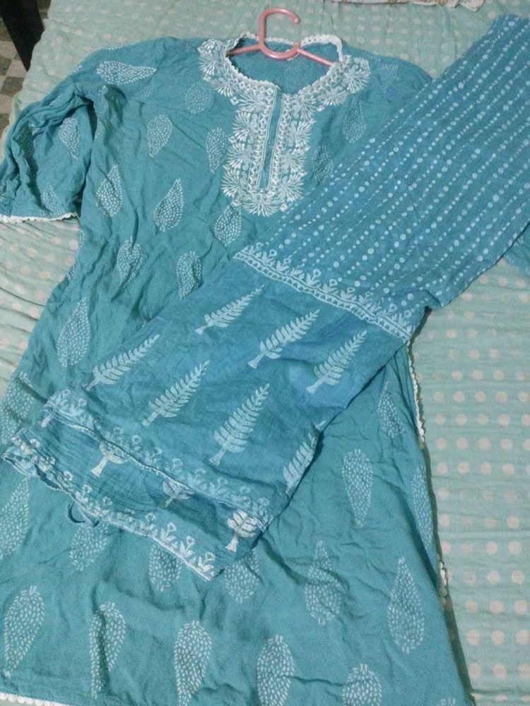 Blue cotton kurti with dupatta (3XL)