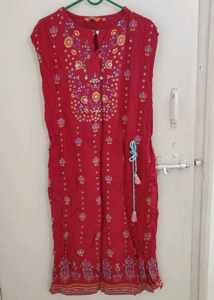 Red Midi Dress With Tie Up String
