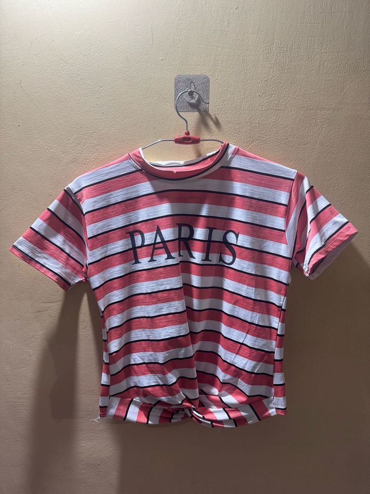 Striped 'Paris' Graphic Tee with knot at middle
