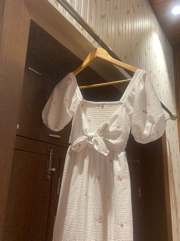 White Floral Tie-Front Midi Dress
