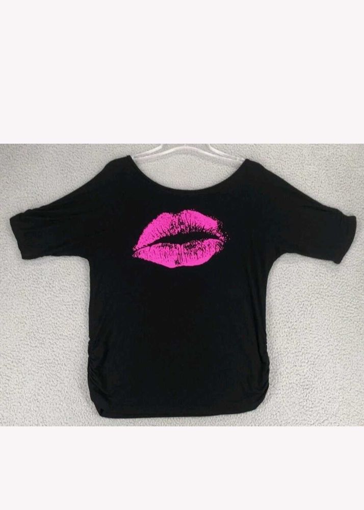 Lips T Shirt Sleeves and Hem Sides Dolman Black
