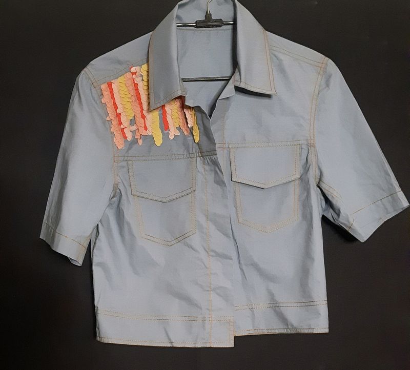 Teal Supreme Quality Cotton Shirt, Multicolored Sequins