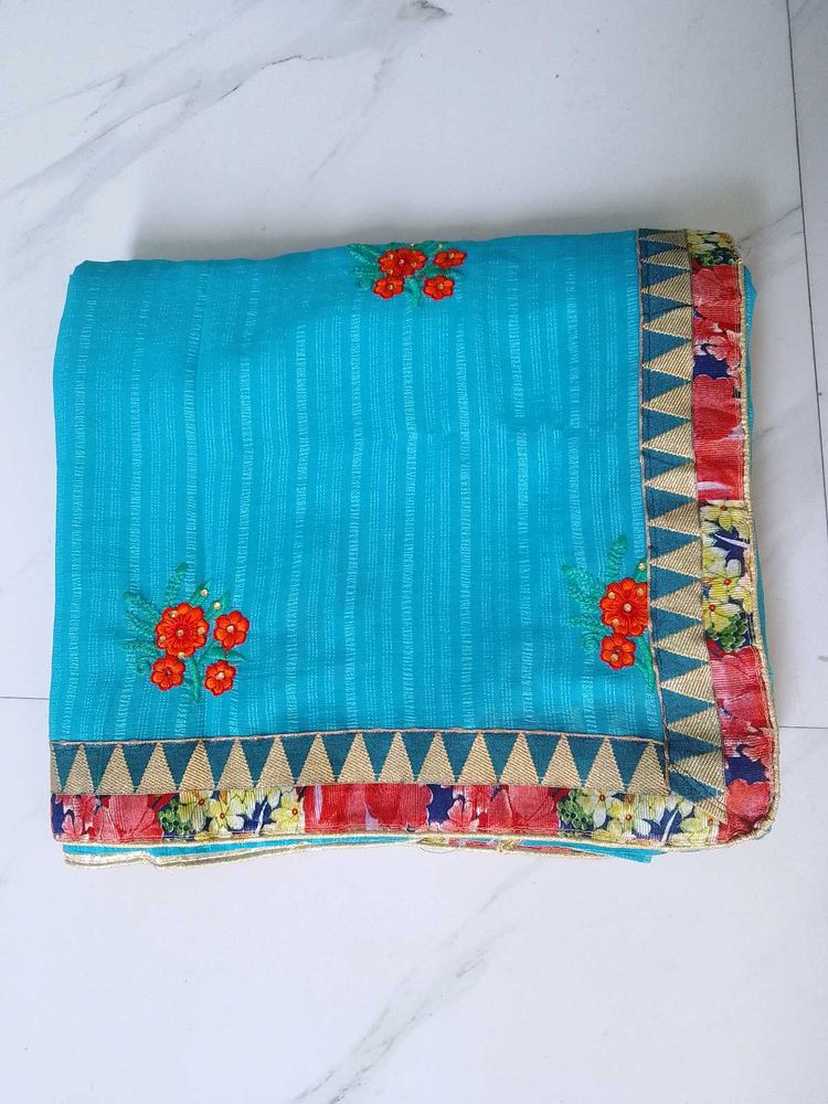 Elegant Cyan Art Silk Saree with Floral Embroidery