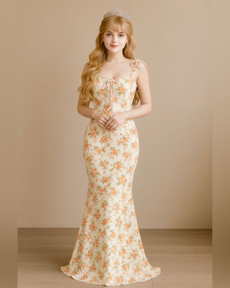 Princess Floral Full Length Beige Dress