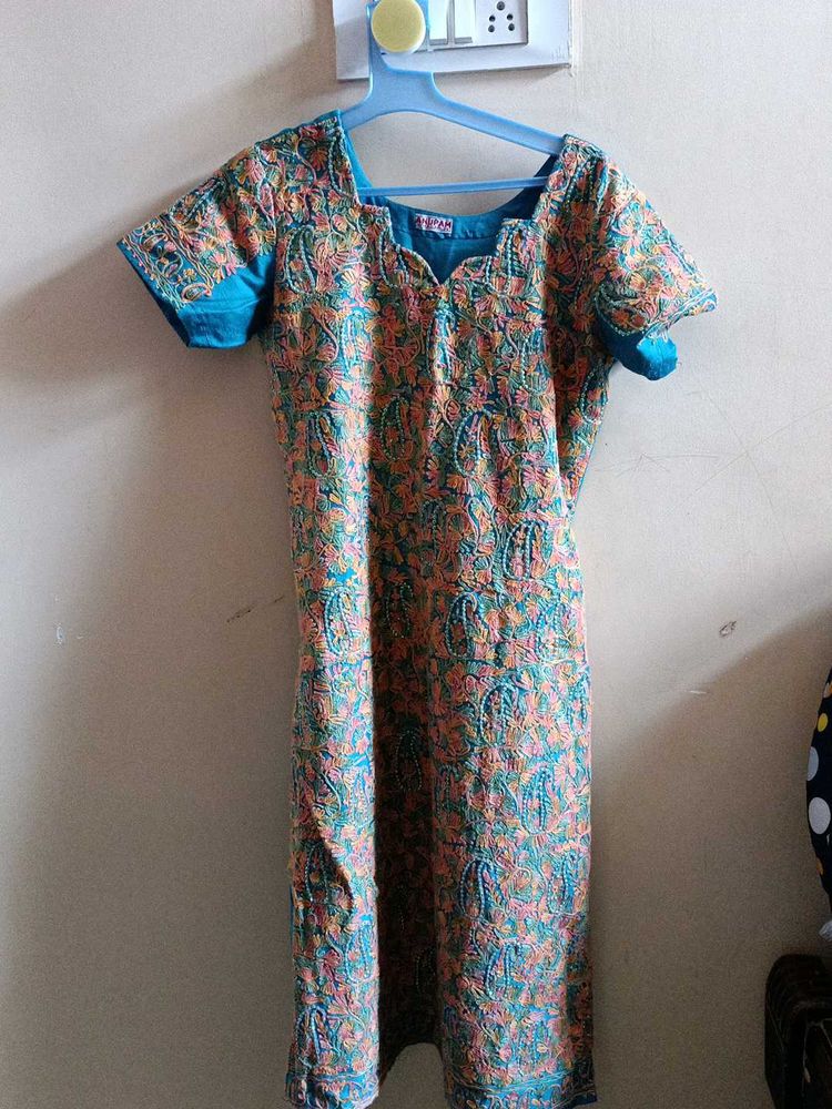 Embroidered A-Line Dress With Chudi Pant