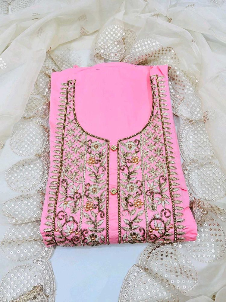 Elegant Peach Embroidered Dress Material