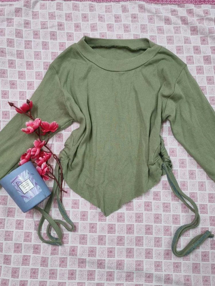 Cute Green Long Sleeve Top With Side Strings