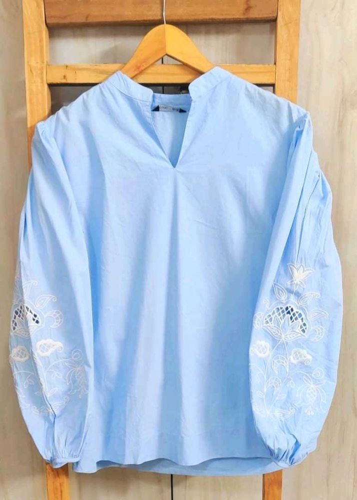Blue Embroidered Sleeve Top Size-42