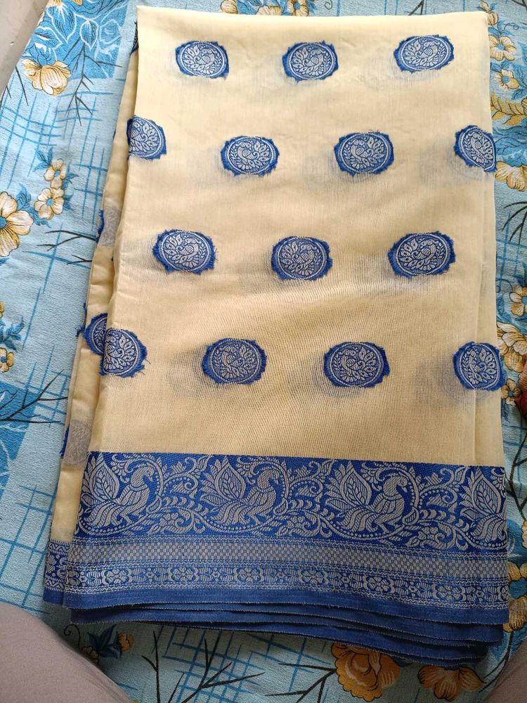 Banarasi Light Comfy Saree Cream Color Patchwork