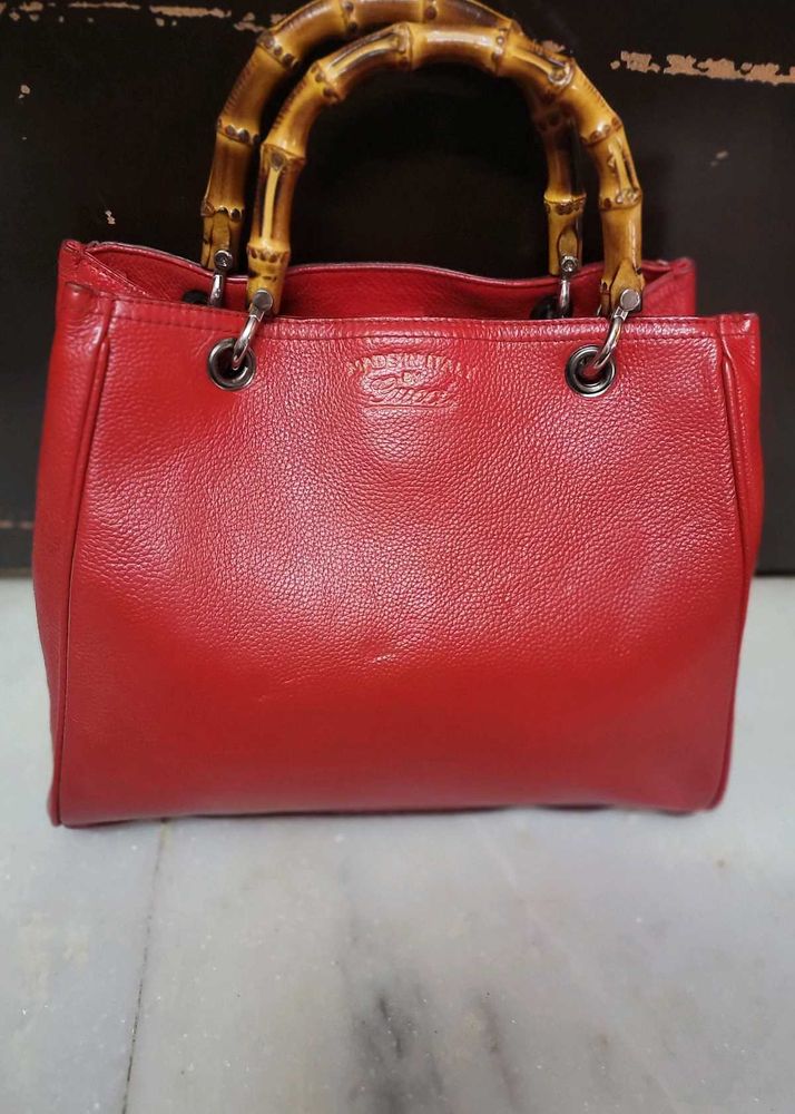 Gucci Bamboo Red Leather Handbag