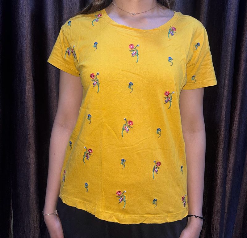 Yellow Mustard Top With Flower Embroidery