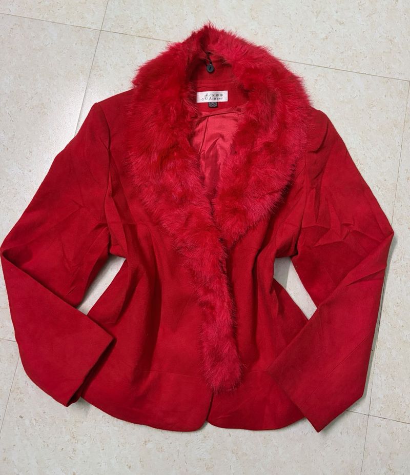 Red Faux Fur Collar Jacket🧑‍🎄❤️
