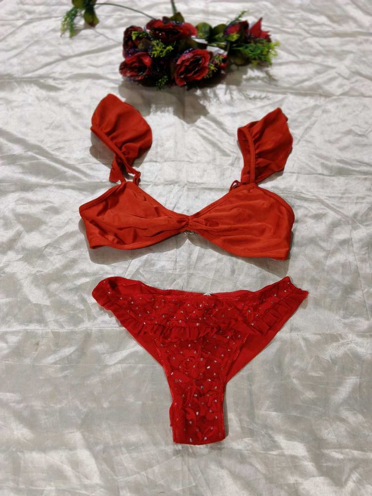 Red Ruffled Bikini Set
