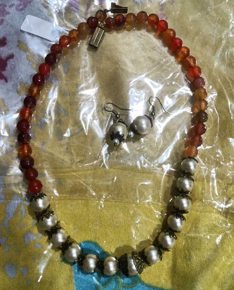 Orange Pearl Set Mala With Earings