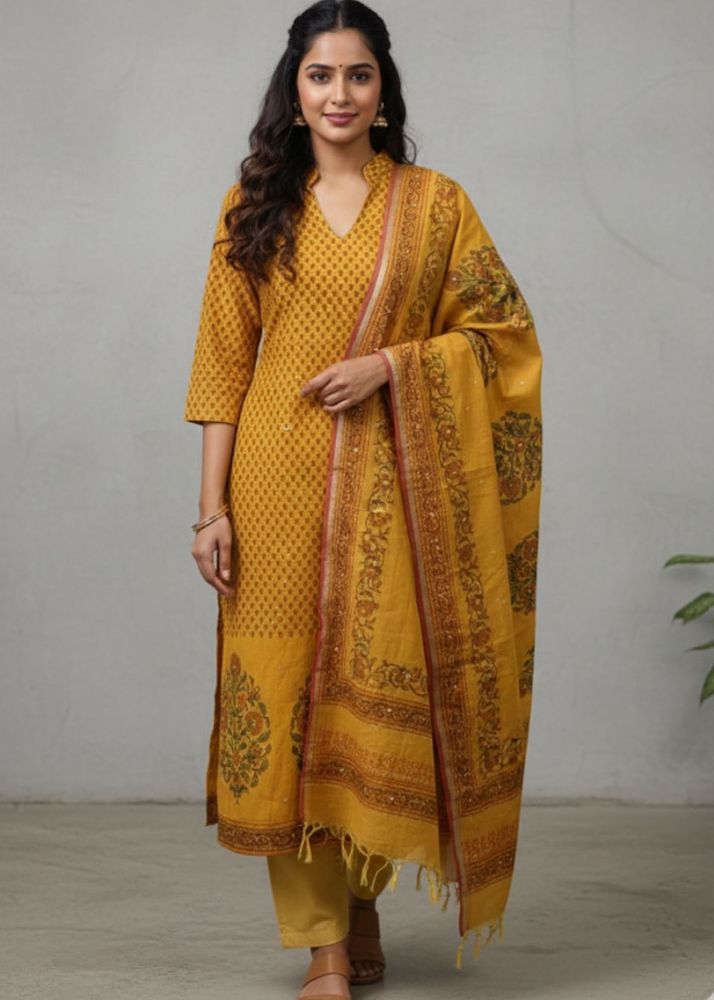 Elegant Mustard Yellow Cotton Suit Set with Dupatt
