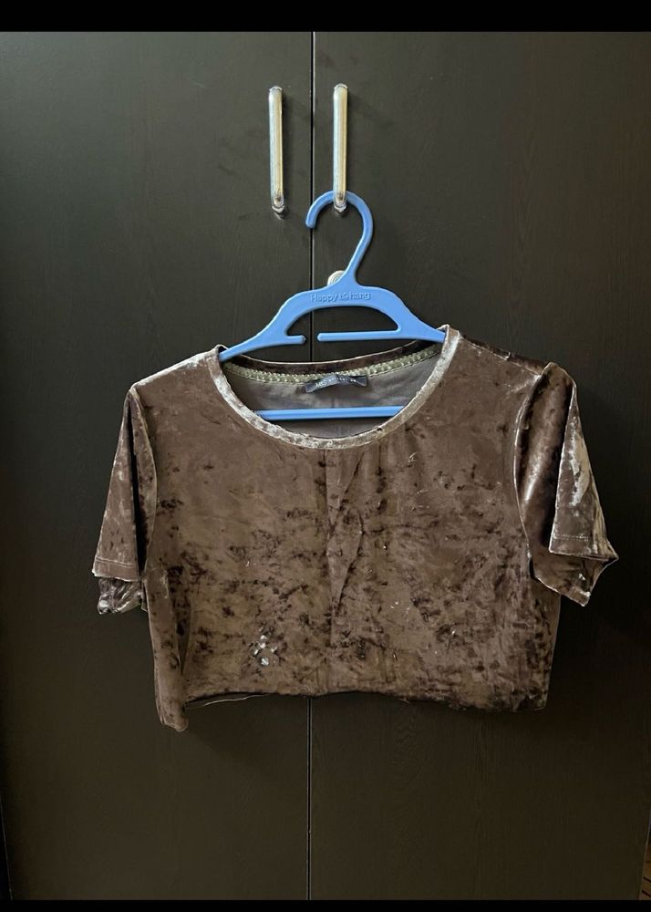 Shiny Brown Velvet Crop Top
