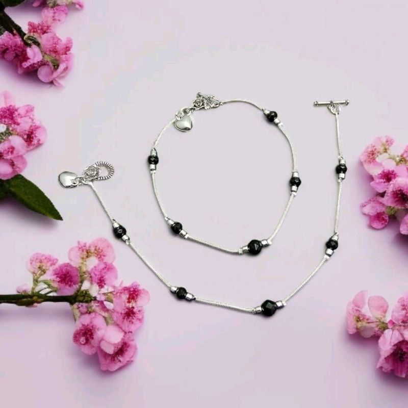 Silver Plated Anklet with Black Beads