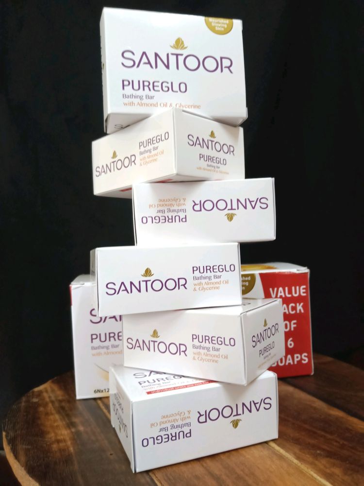 🆕Santoor PureGlo Glycerine Bath Soap with Almond Oil for moisturized, nourished and shining Skin, Combo Offer 125g Pack of 6
