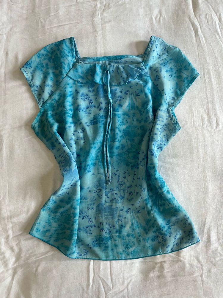 Blue Patterned Short Sleeve Top