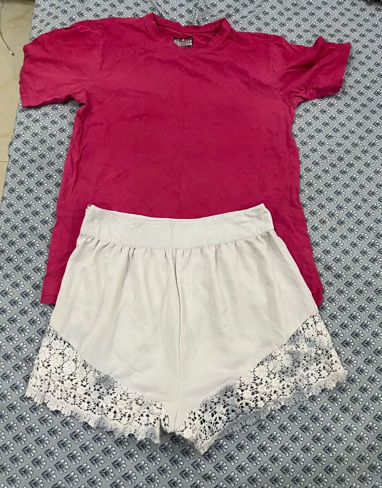 Pink T Shirt With White Shorts