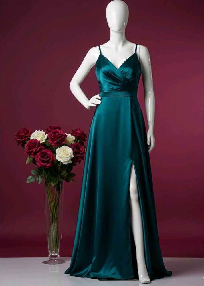 Elegant Teal Satin Gown with Slit