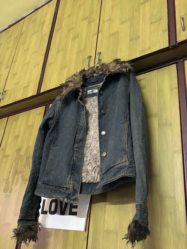 Denim Jacket with Fur Trim