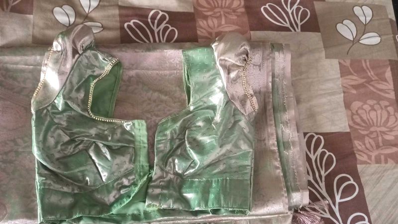 A Beautiful Light Green With Pink Shade Silk Saree