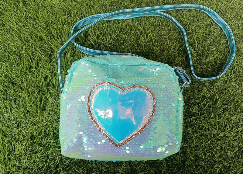 Shiny Aqua Sequin Shoulder Bag with Heart Design –