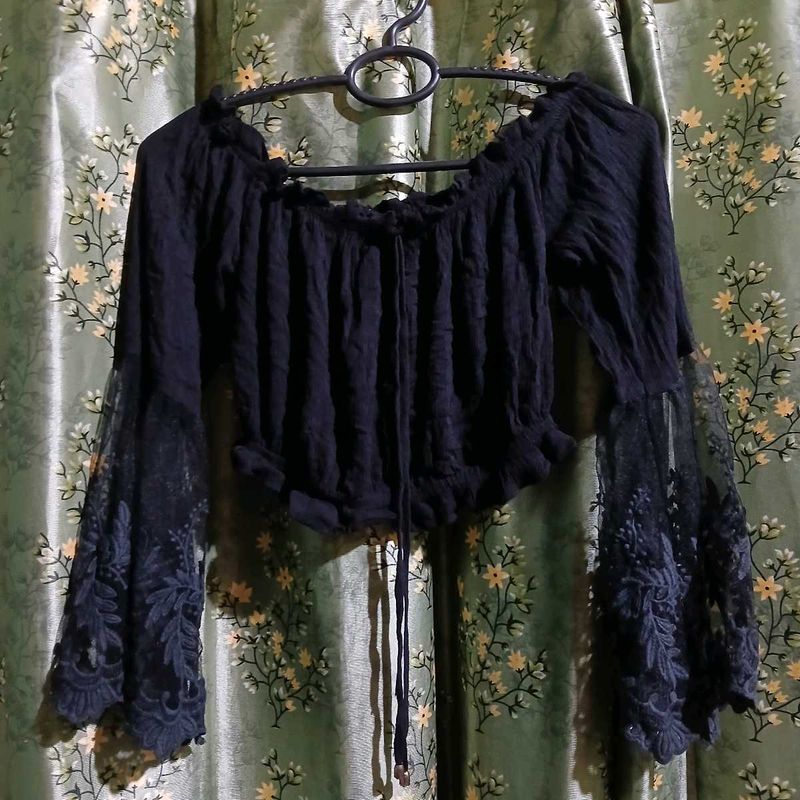 Black Lace Sleeve Crop Top