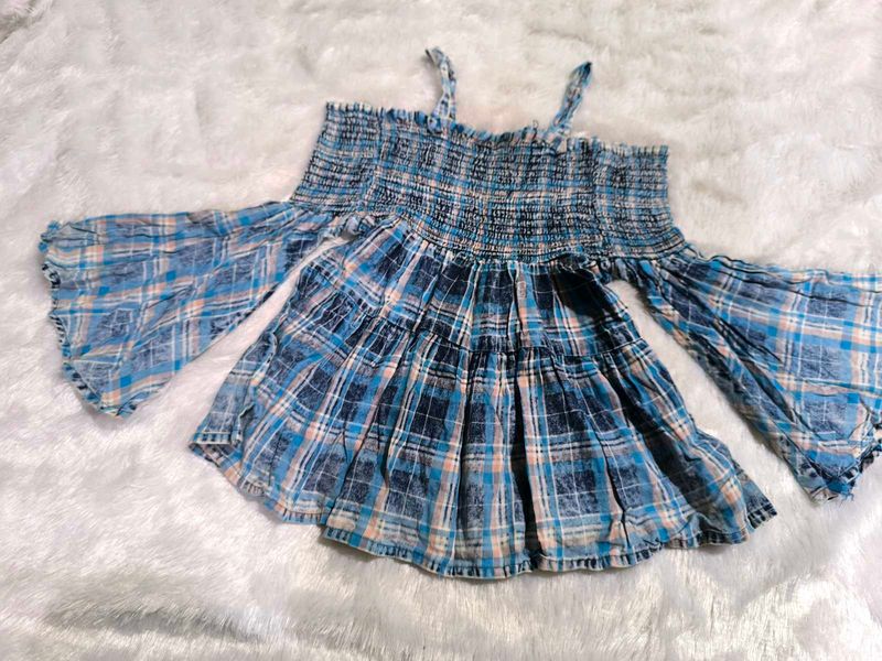 Blue Plaid Off-Shoulder Top