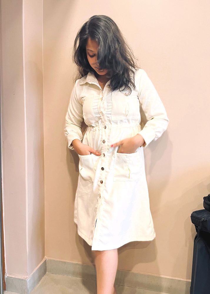 Shirt Pattern Knee Length Cream One Piece