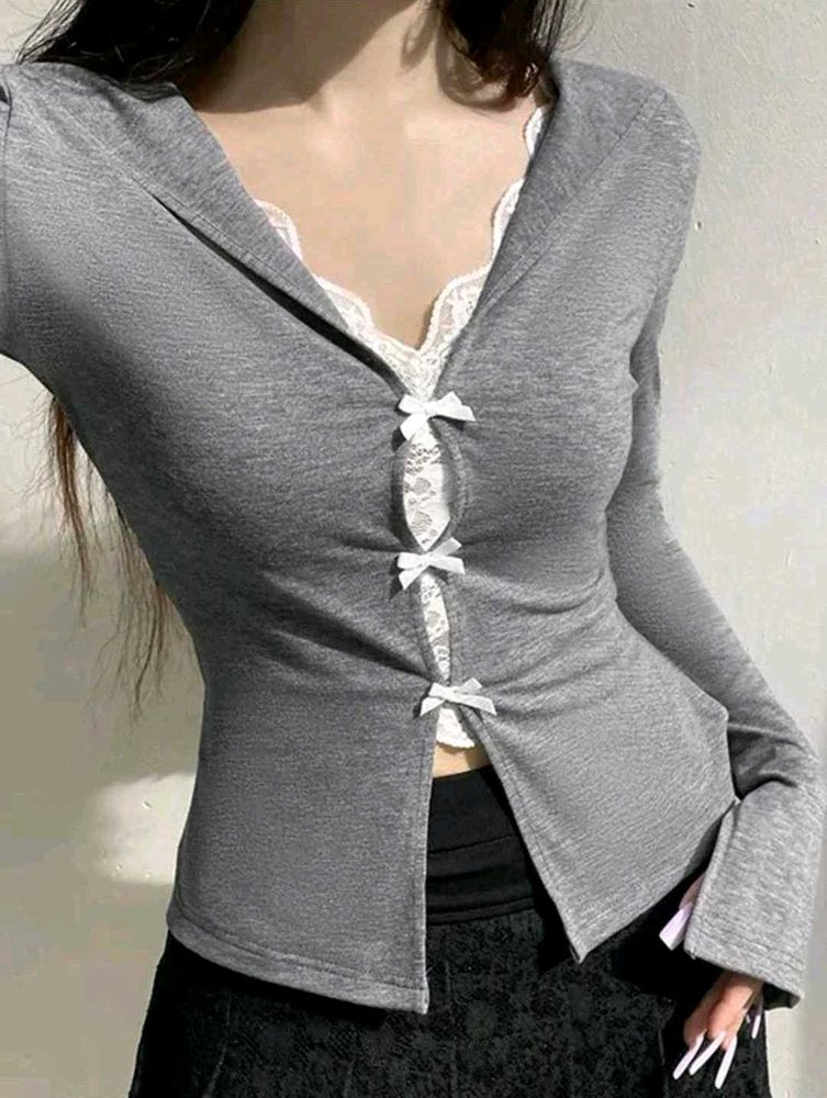 Gray Long Sleeve Top with Bow