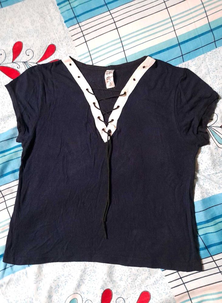 Women&#39;s Lace Tie Up V Neck Crop Top Casual Tshirt