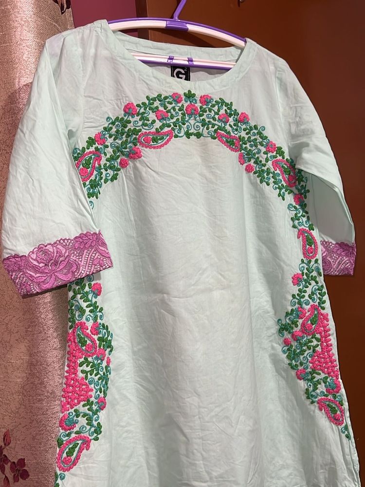 Embroidered Mint Green Short Kurti