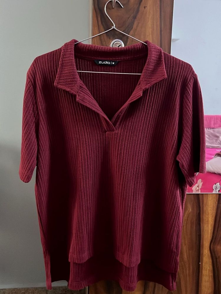Maroon Ribbed Polo Top