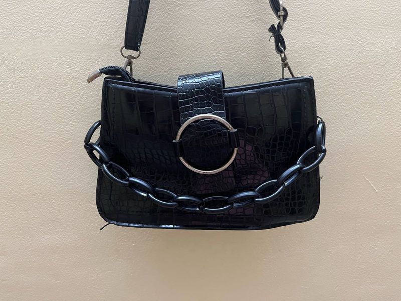 Black Croc Embossed Shoulder Bag