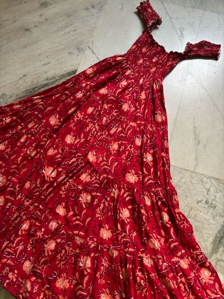 Red Floral Off-Shoulder Maxi Dress