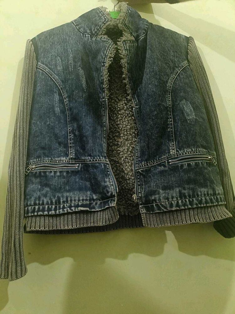 Denim Jacket with Knit Sleeves